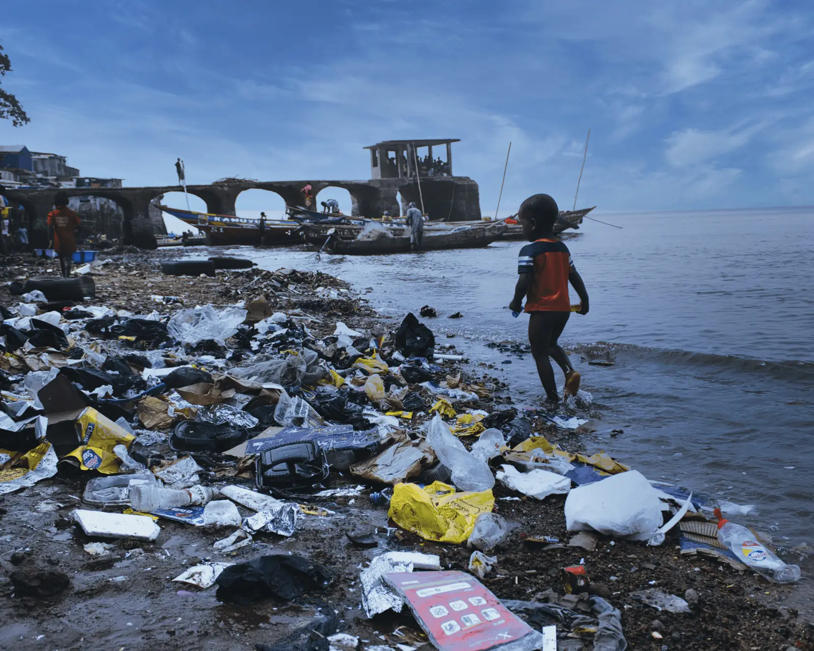Debris washed up on a shoreline
