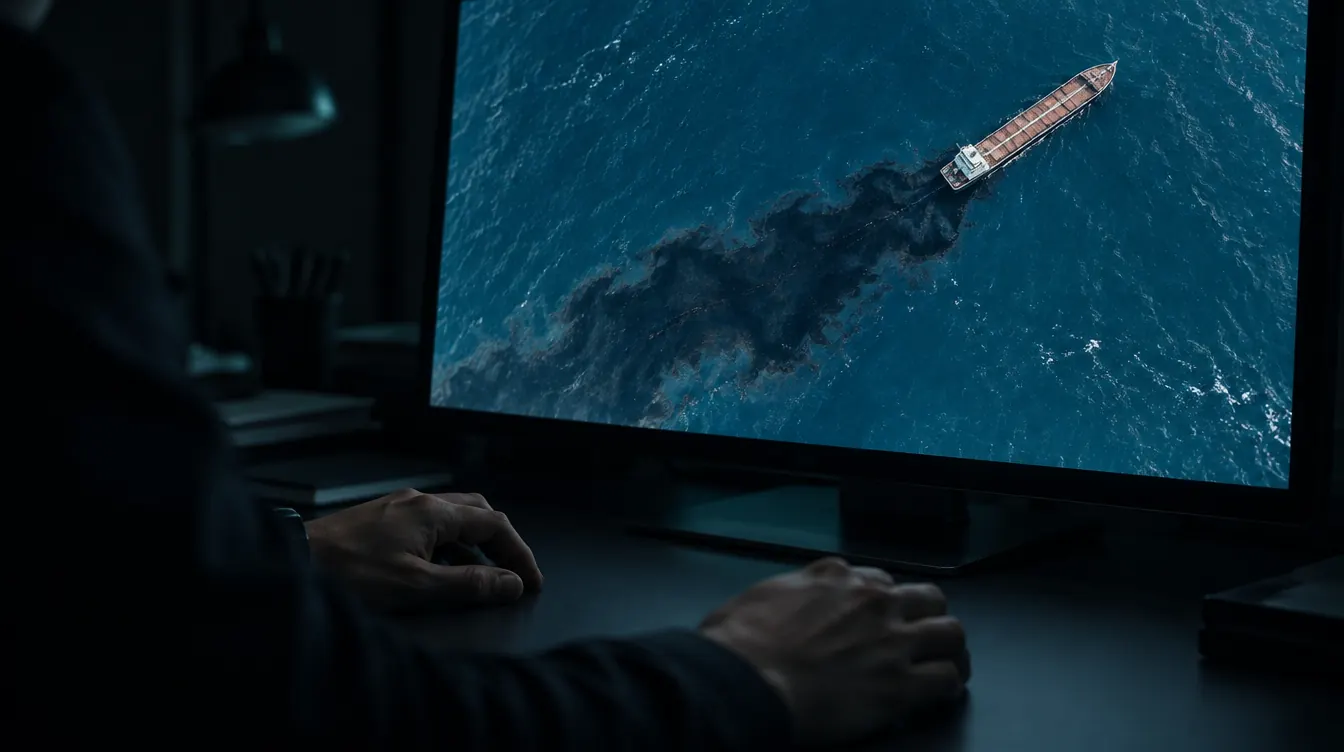 An investigator reviewing satellite imagery of a vessel and a slick on a monitor