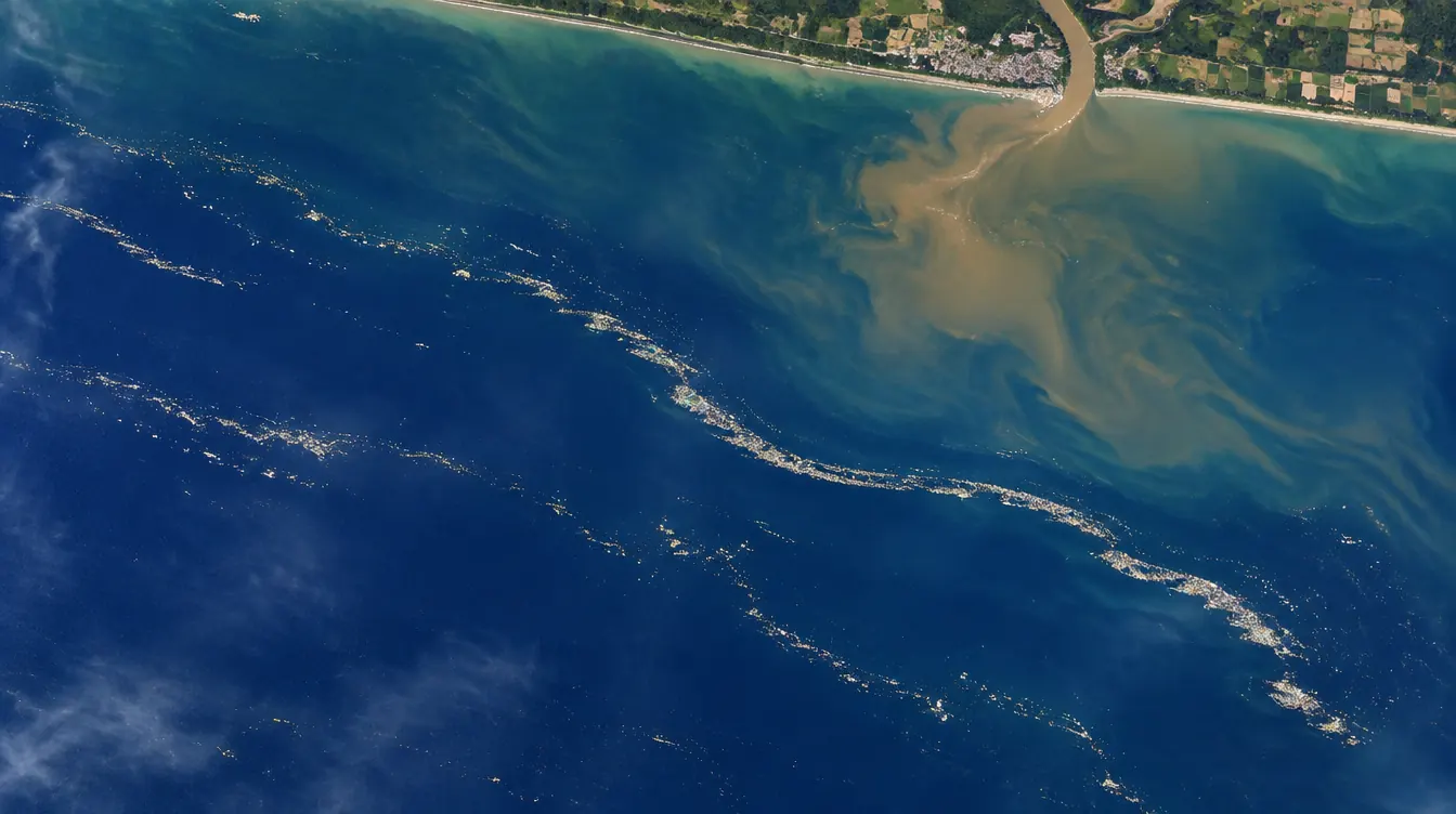 Satellite view of floating litter gathering in lines off a river mouth