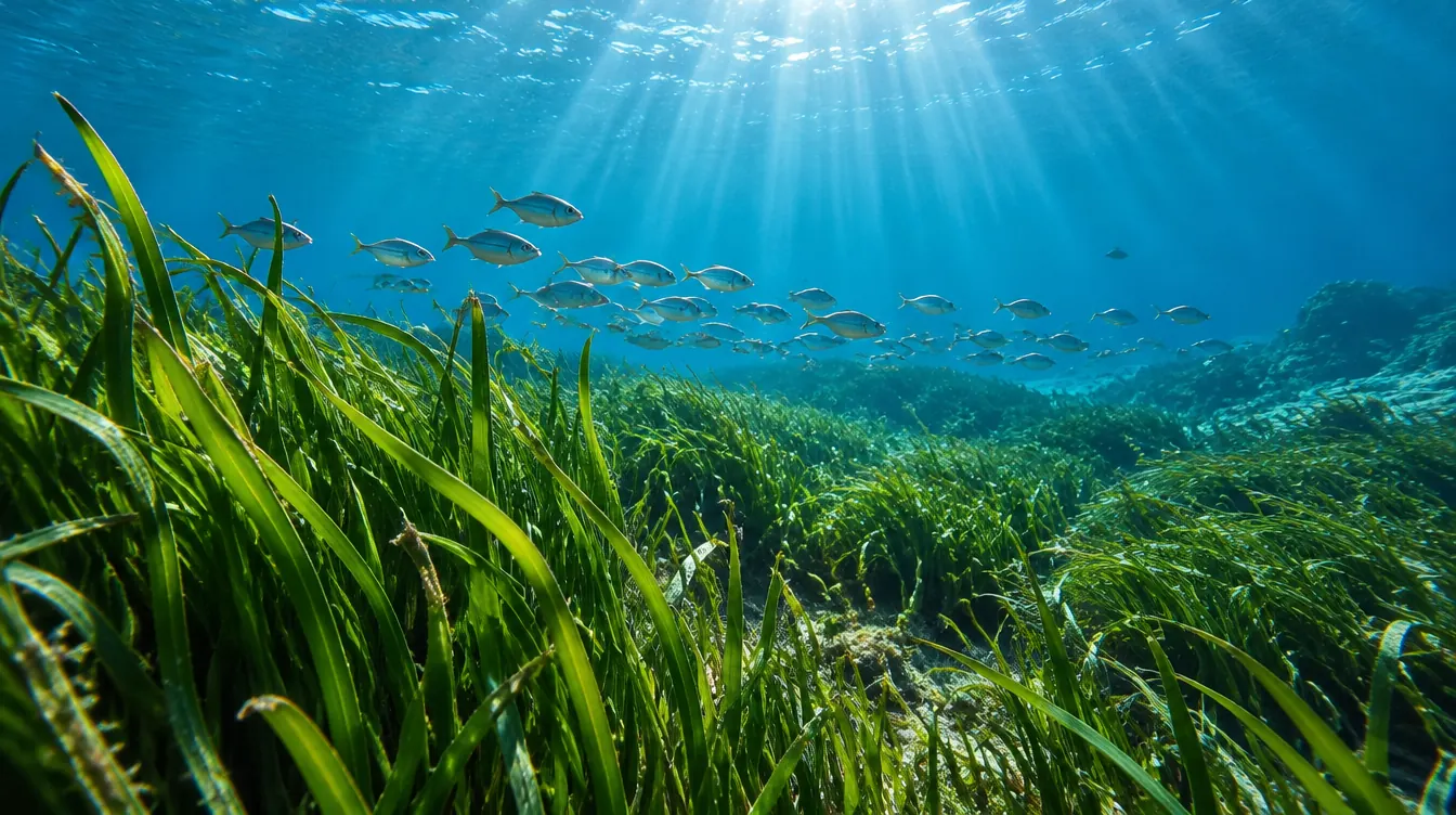 A healthy seagrass meadow with a school of fish