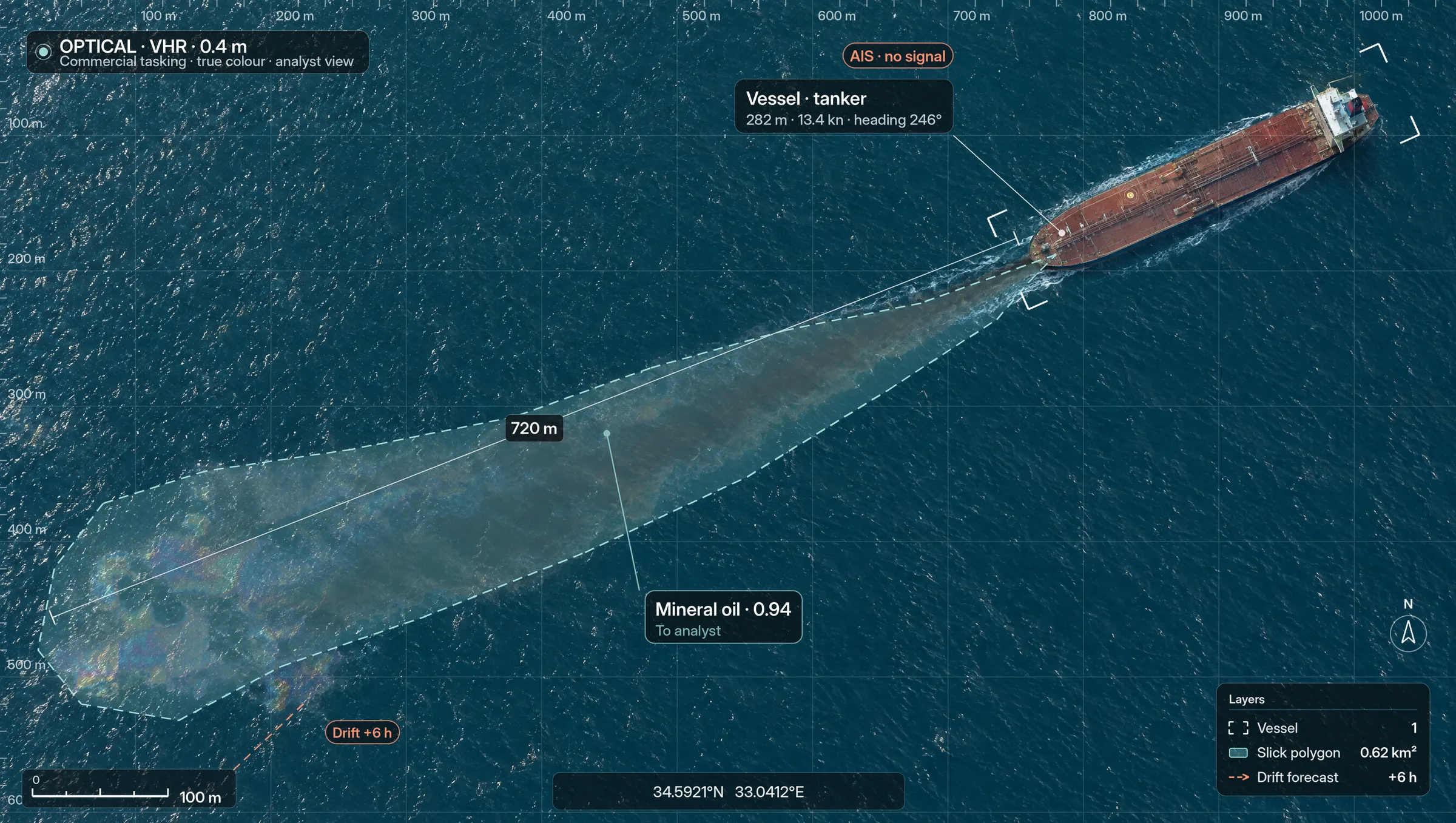 Satellite view of a tanker trailing a dark oil slick, with measurements and a drift forecast