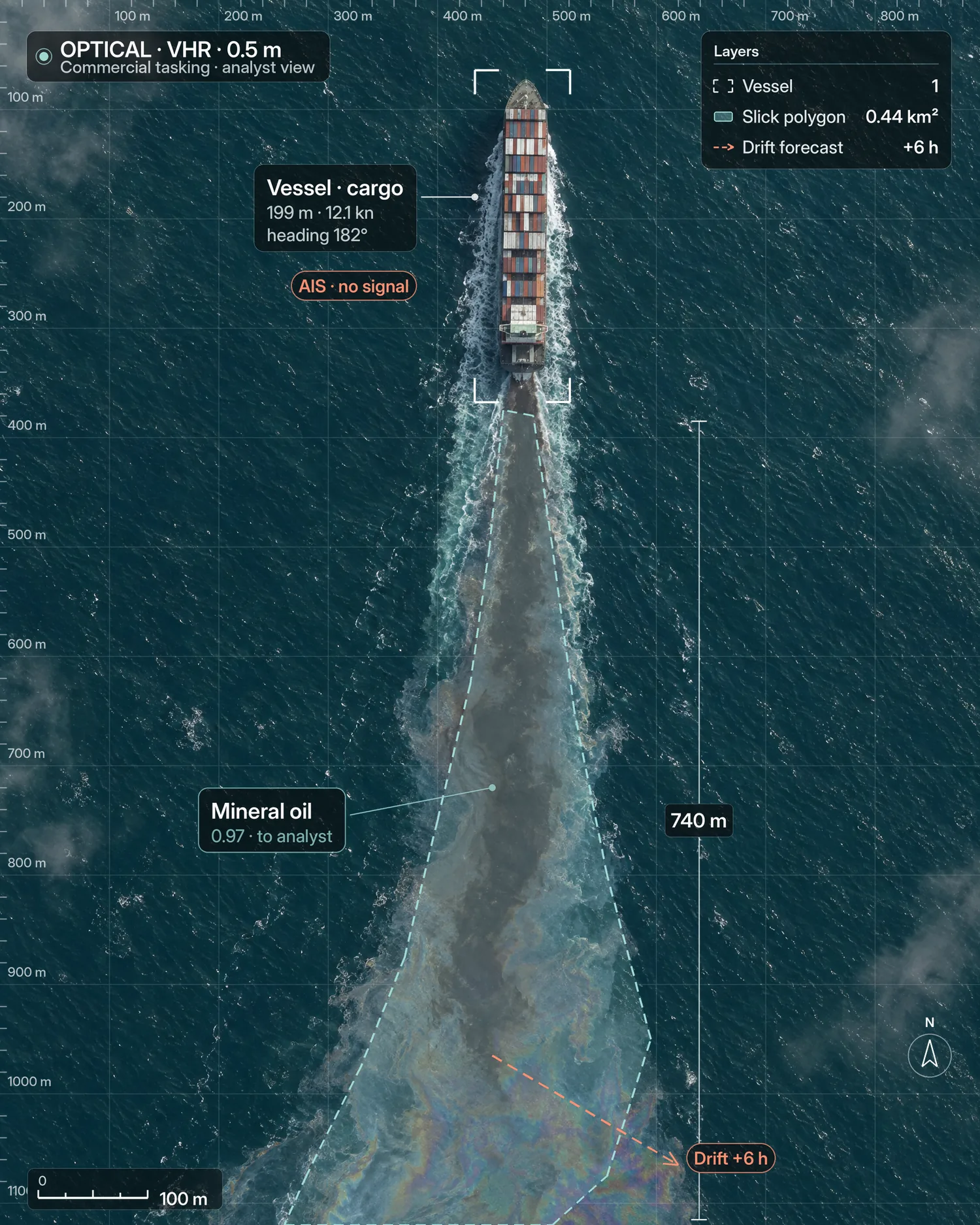 Satellite view of a cargo ship trailing a dark oil discharge, with the analyst's detection overlay