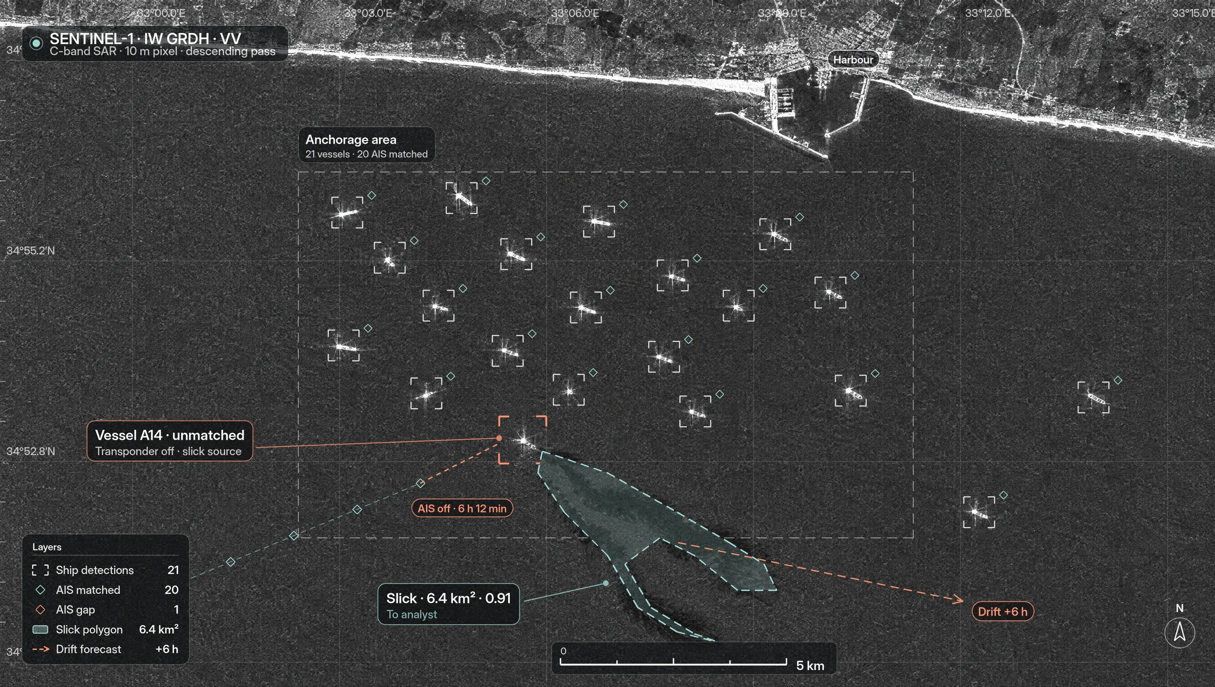 Radar satellite image of an anchorage with one vessel that has no AIS signal and a slick behind it