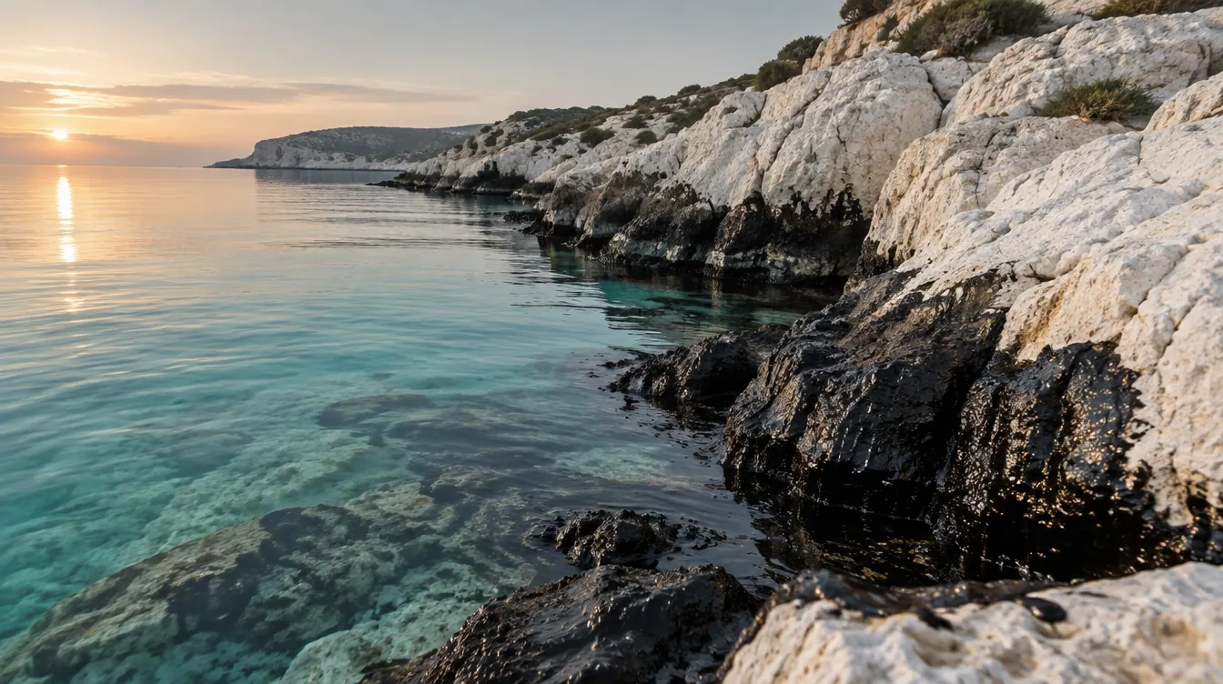 White limestone shore at dawn with a dark band of oil along the waterline
